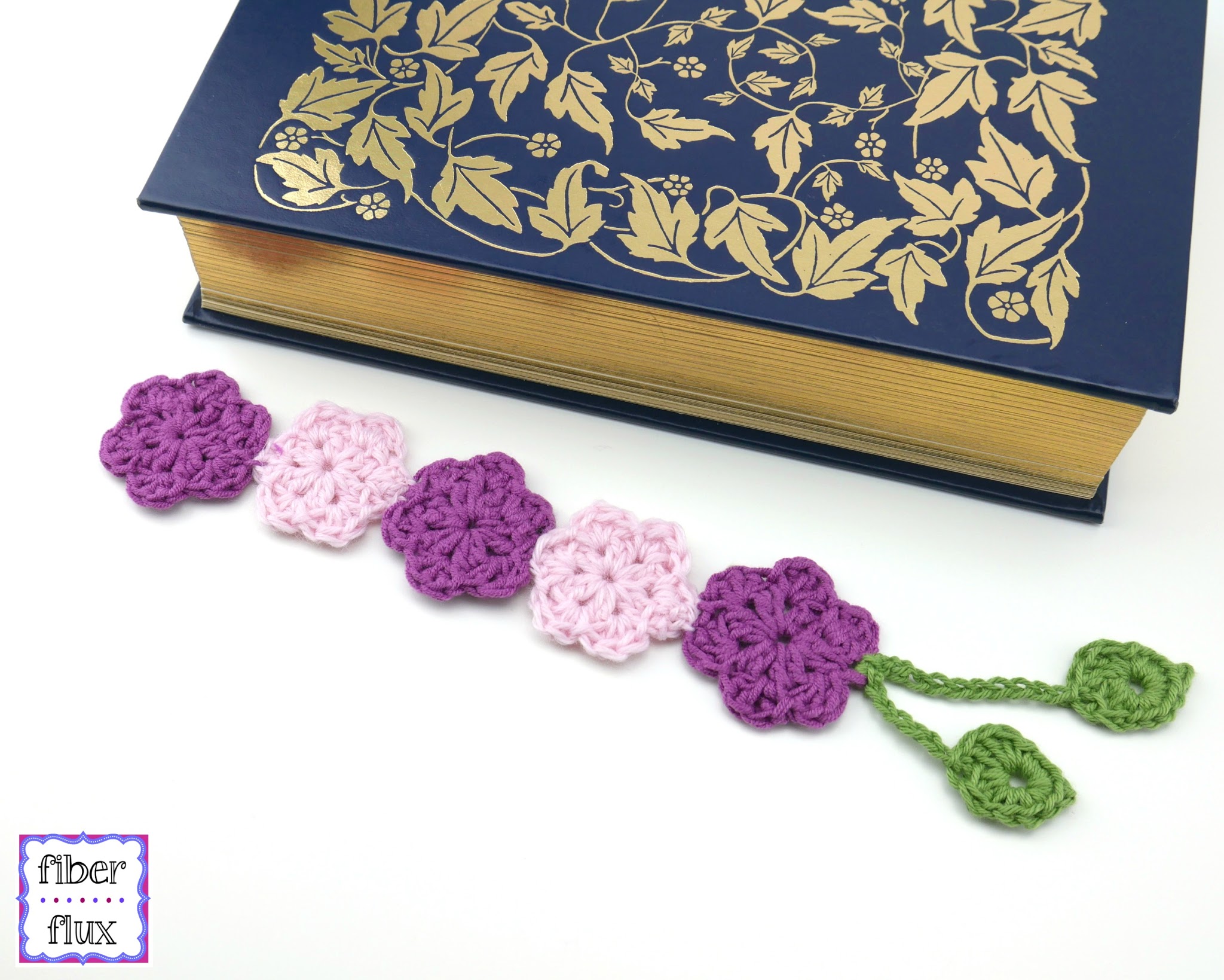 crochet botanical bookmark with flower and leaf motifs