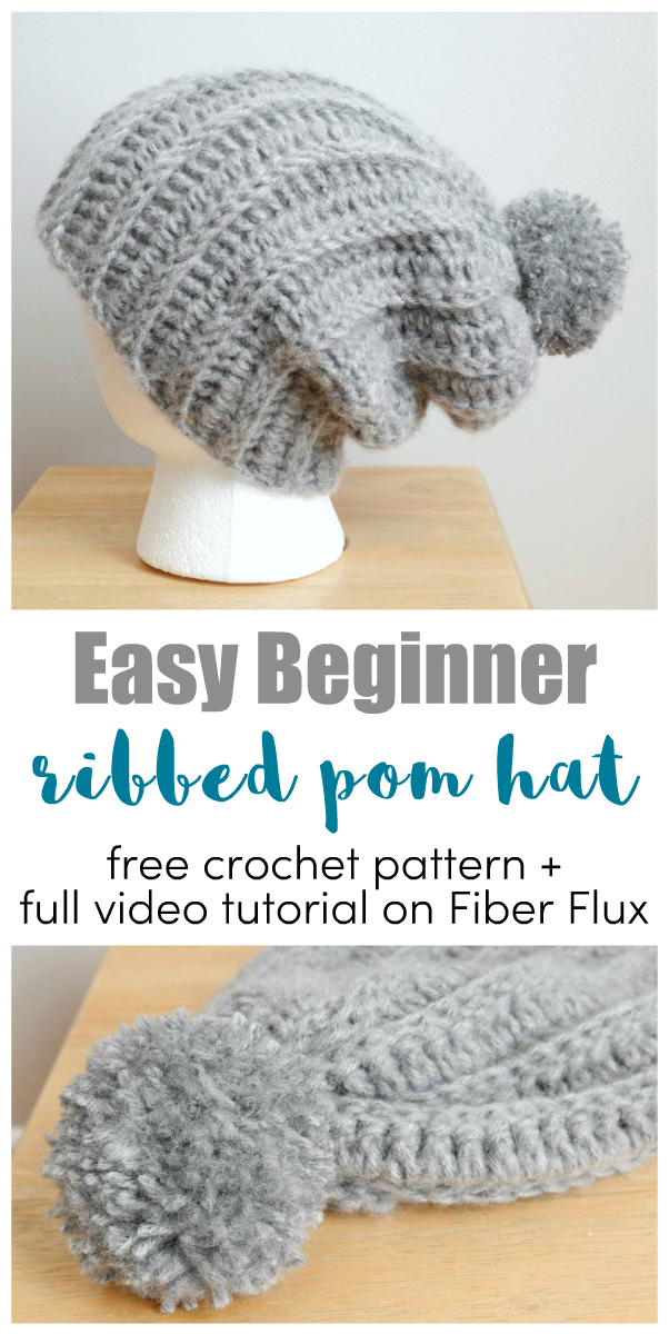 Easy Beginner Crochet Ribbed Pompom Hat